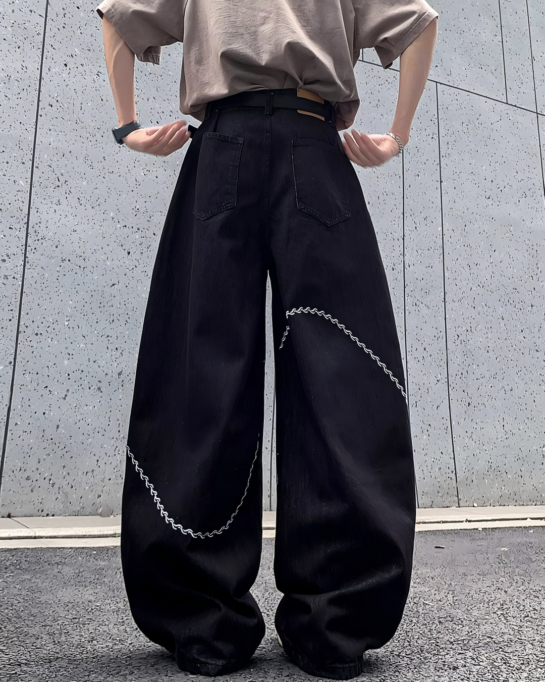 STEP BLOCK MT052 vintage washed black baggy jeans with white stitching