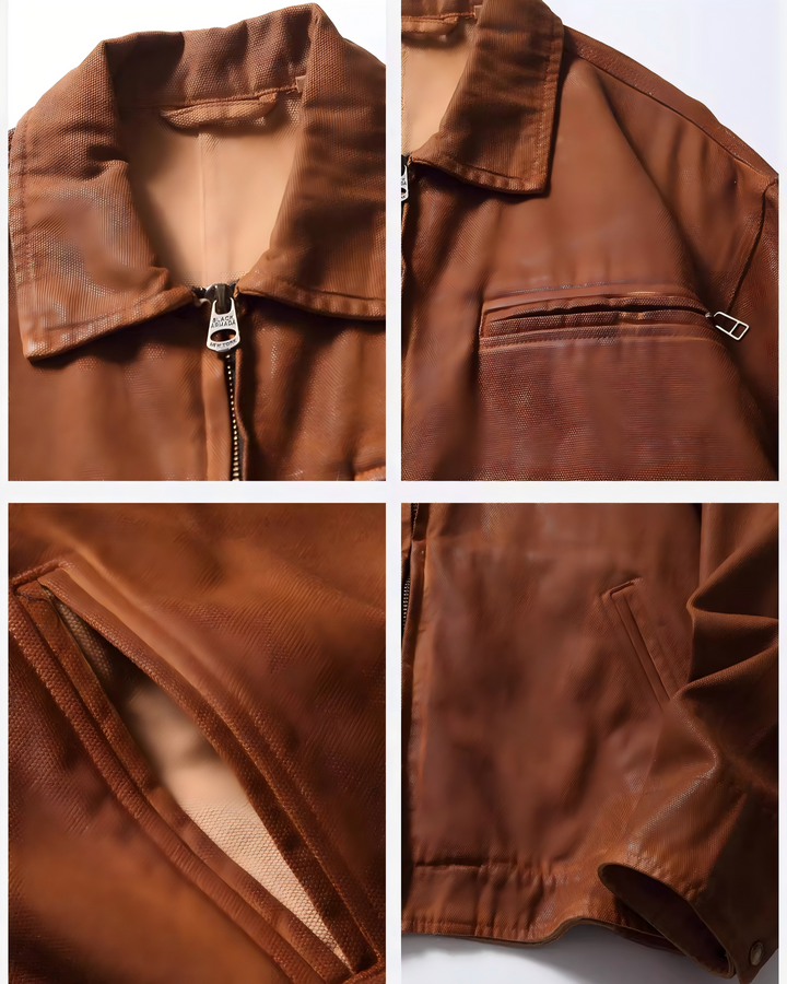 STEP BLOCK ST049 Washed Distressed Faux Leather Stand Collar Workwear Jacket