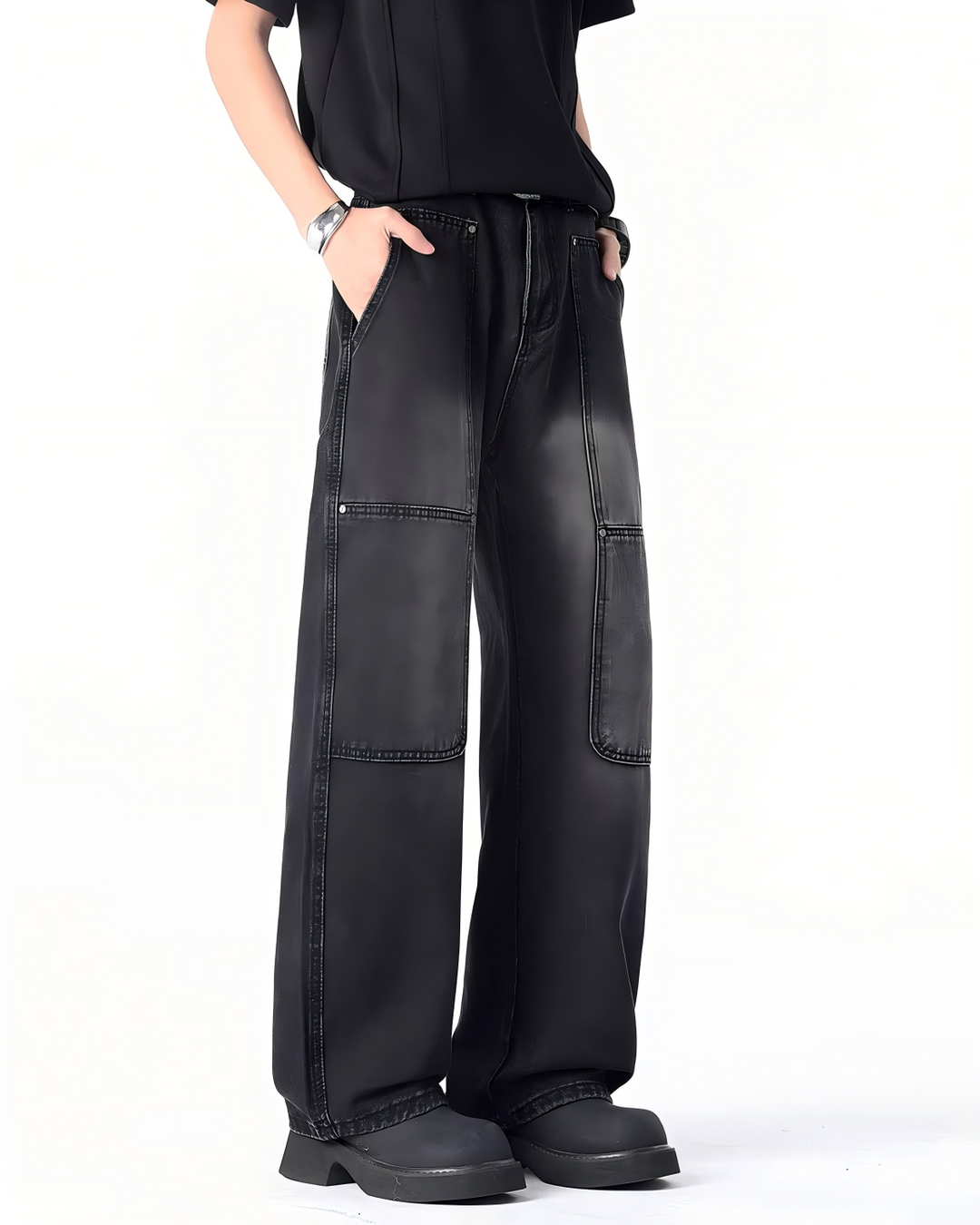 STEP BLOCK MT033 vintage washed black and blue baggy jeans with panel detailing