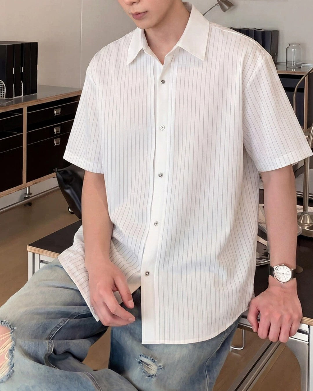 STEP BLOCK MT561 Contrast Collar Short Sleeve Button-Up Shirt