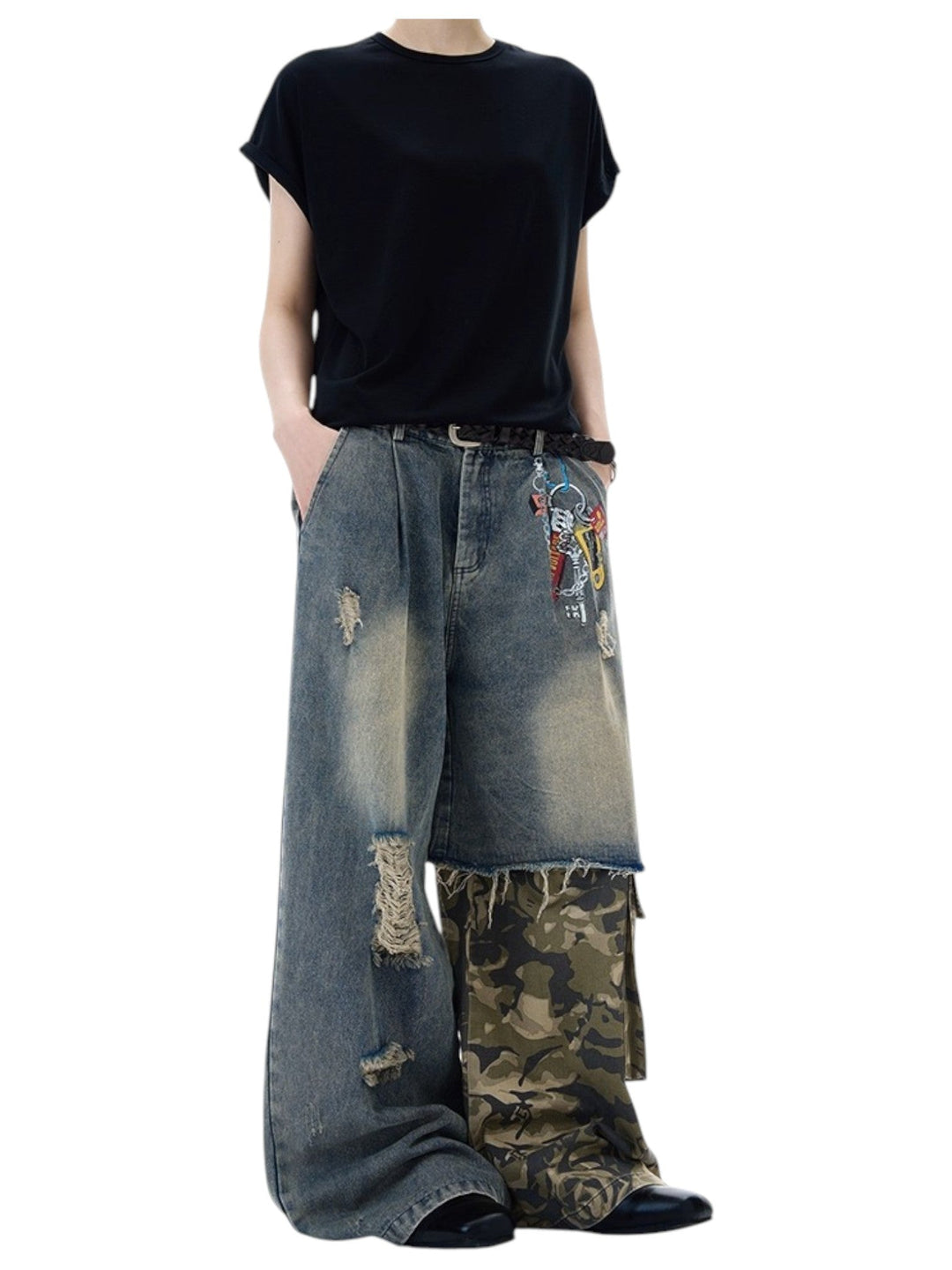 [MADWITCH] PATCHED CAMO DESTROYED JEANS st5033