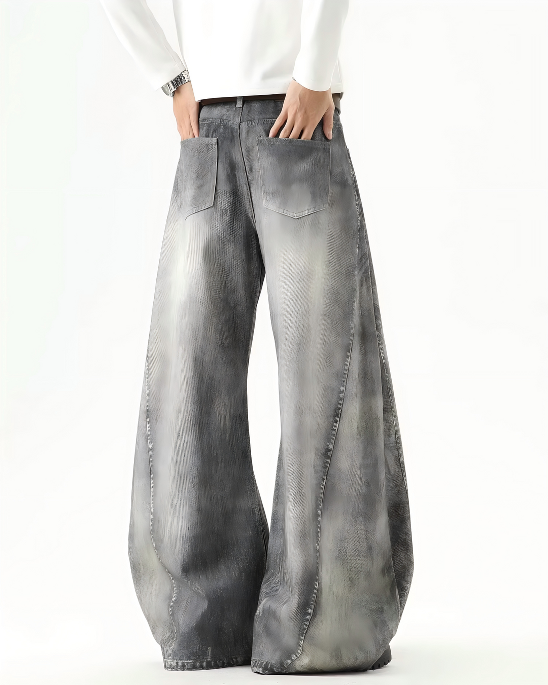 STEP BLOCK MT053 vintage washed grey baggy flare jeans