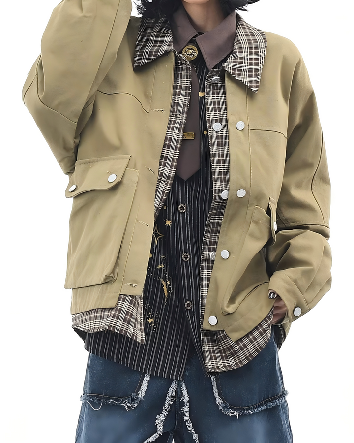 STEP BLOCK ST052 Plaid Contrast Collar Utility Pocket Workwear Jacket