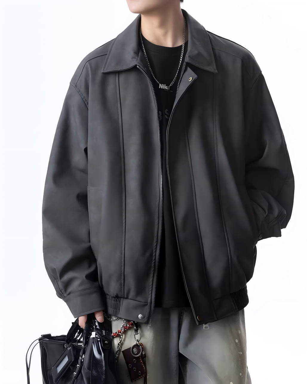 STEP BLOCK ST037 Washed Distressed Faux Leather Stand Collar Bomber Jacket