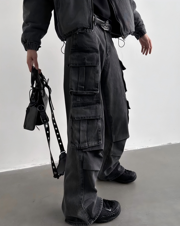 STEP BLOCK MT030 vintage washed multi-pocket baggy cargo jeans