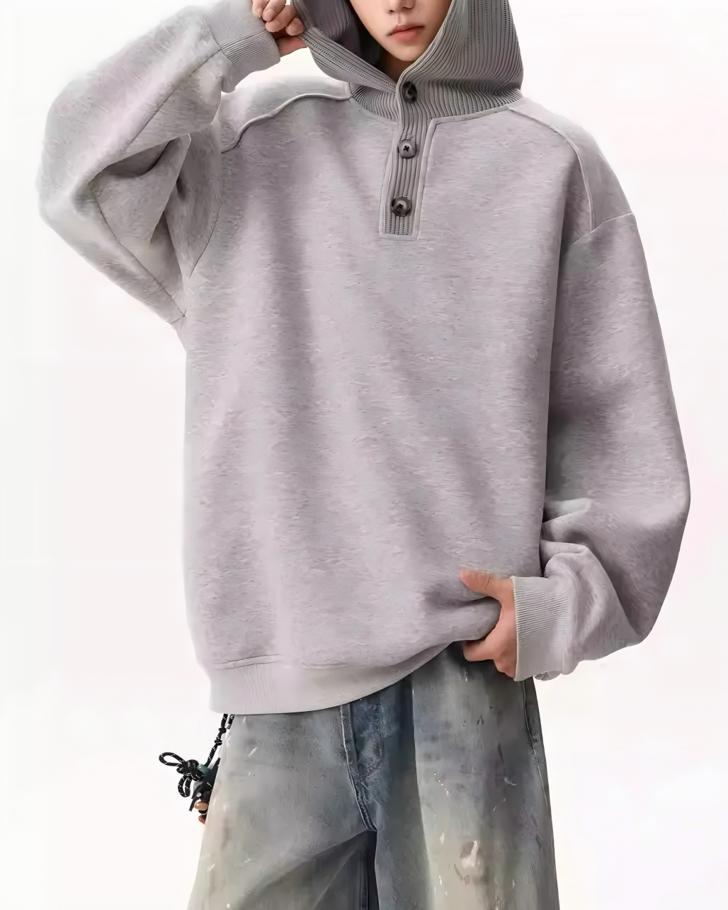 STEP BLOCK ST054 Minimalist Henley Neck Oversized Pullover Hoodie