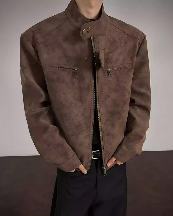 STEP BLOCK ST058 Washed Distressed Minimalist Stand Collar Workwear Jacket