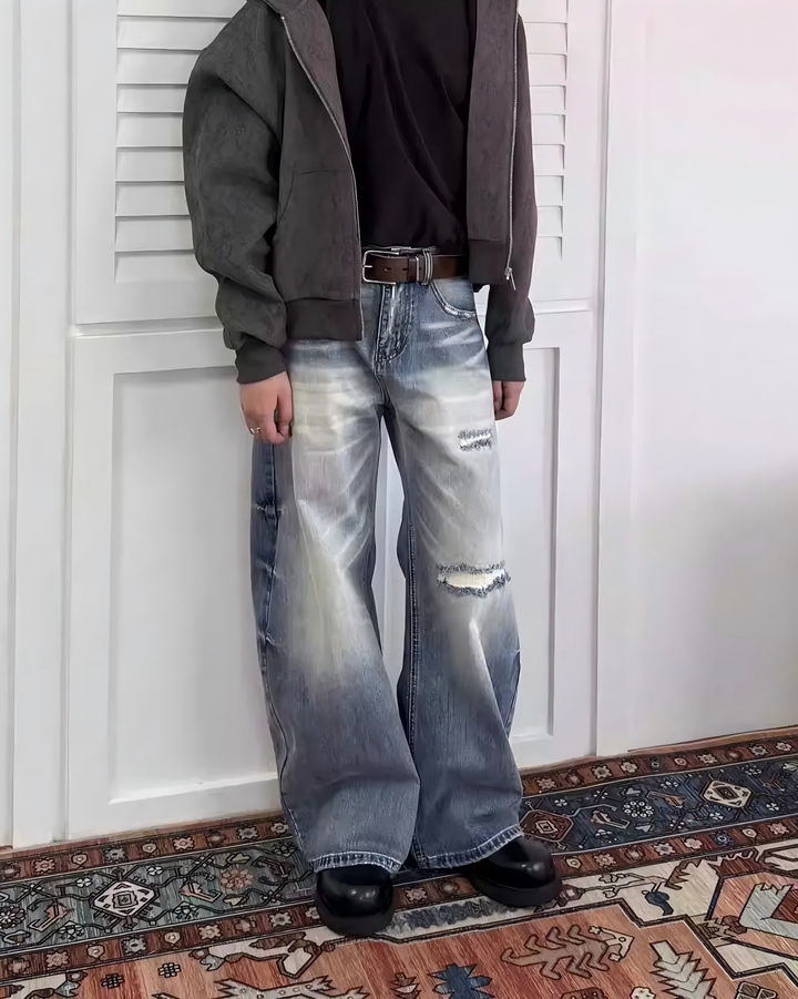STEP BLOCK MT042 vintage light washed distressed baggy jeans