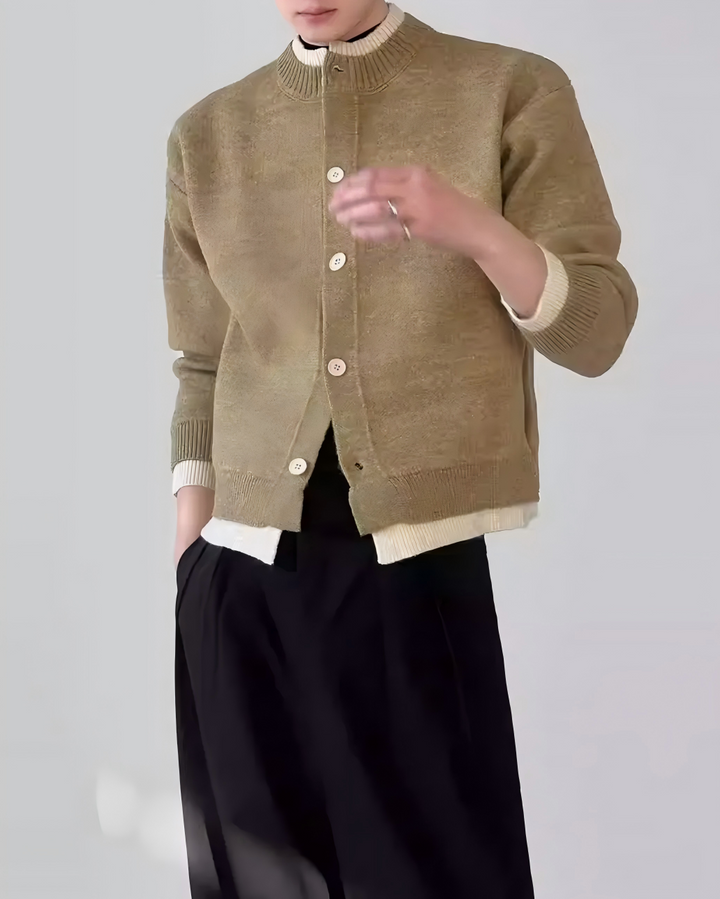 STEP BLOCK MT530 Contrast Trim Crew Neck Knit Cardigan