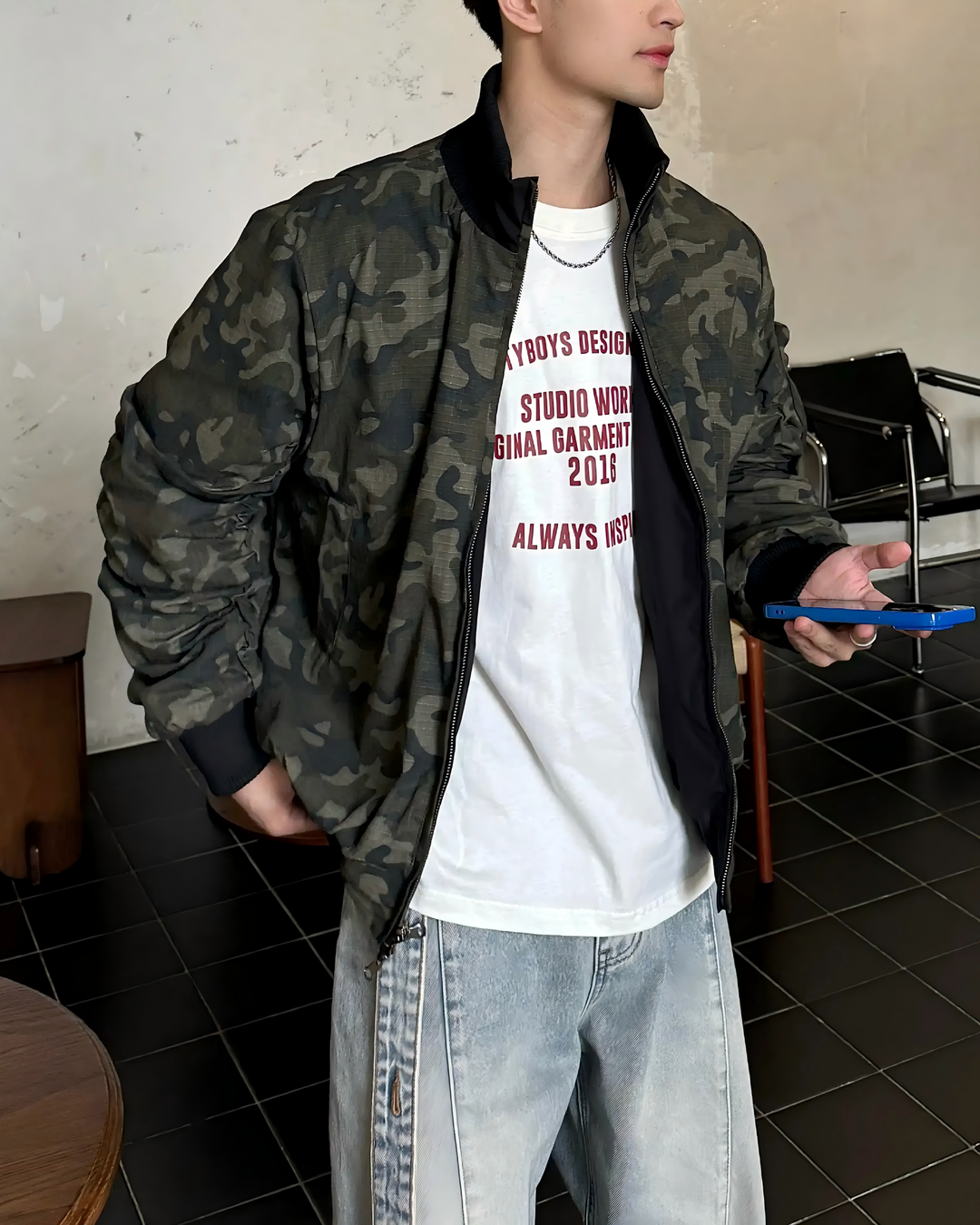 STEP BLOCK ST014 Camouflage Print Ribbed Collar Bomber Jacket
