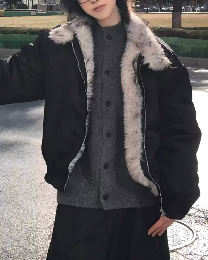 STEP BLOCK ST028 Shearling Collar Water-Resistant Bomber Jacket