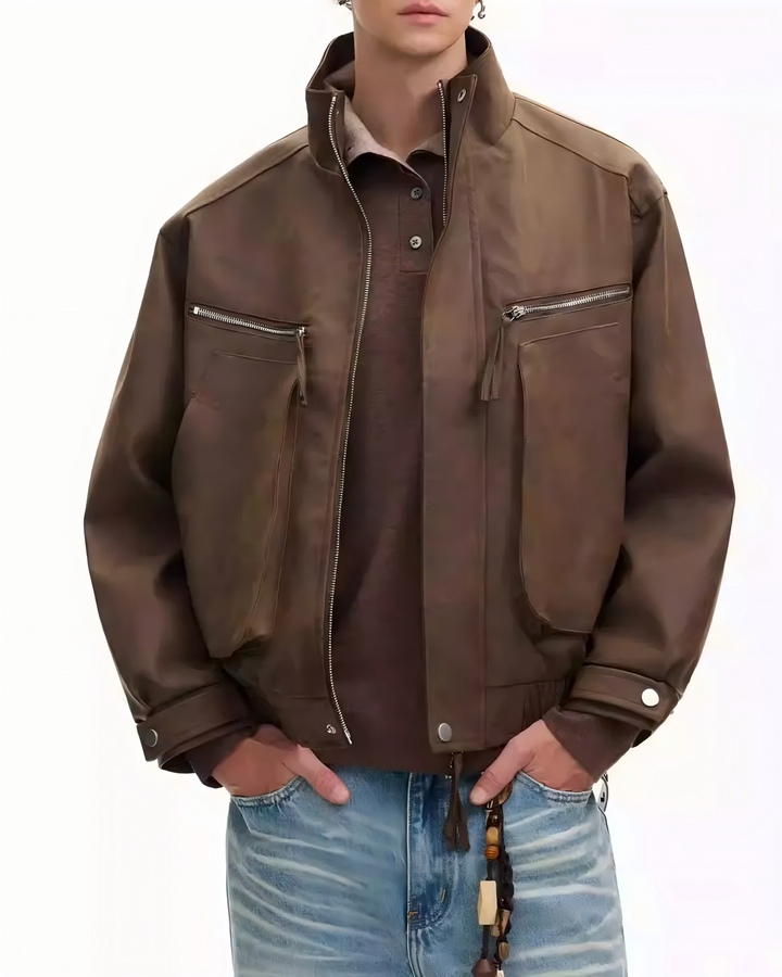 STEP BLOCK ST013 Washed Leather-Look Multi-Zipper Flight Jacket