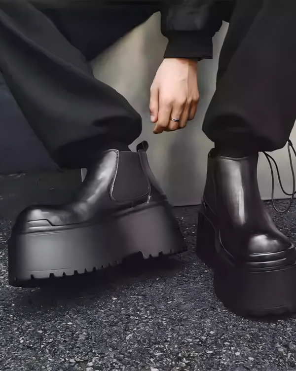 STEP BLOCK SH019 Men's Black Leather Chunky Platform Chelsea Streetwear shoes