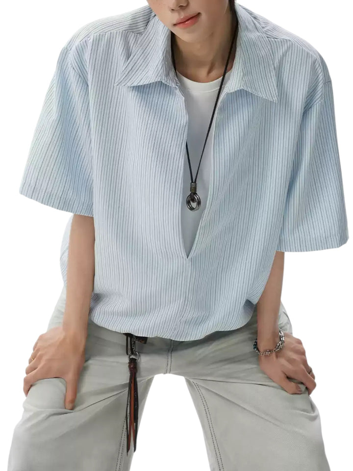 STEP BLOCK MT562 Retro Striped Texture Short Sleeve Button-Up Shirt