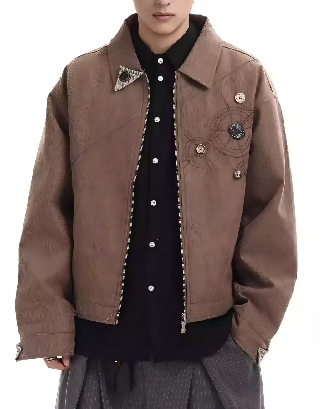 STEP BLOCK ST005 Vintage Washed Badge Detail Workwear Zip-Up Jacket