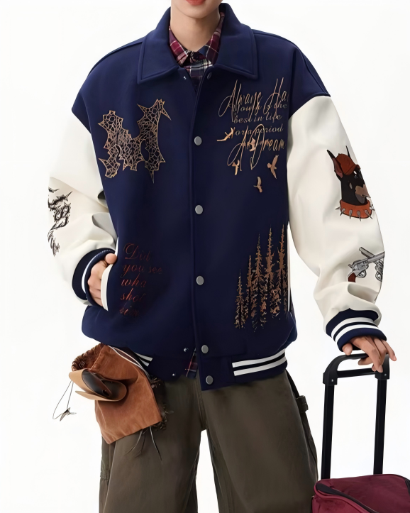 STEP BLOCK ST060 Embroidered Graphic Ribbed Collar Varsity Baseball Jacket
