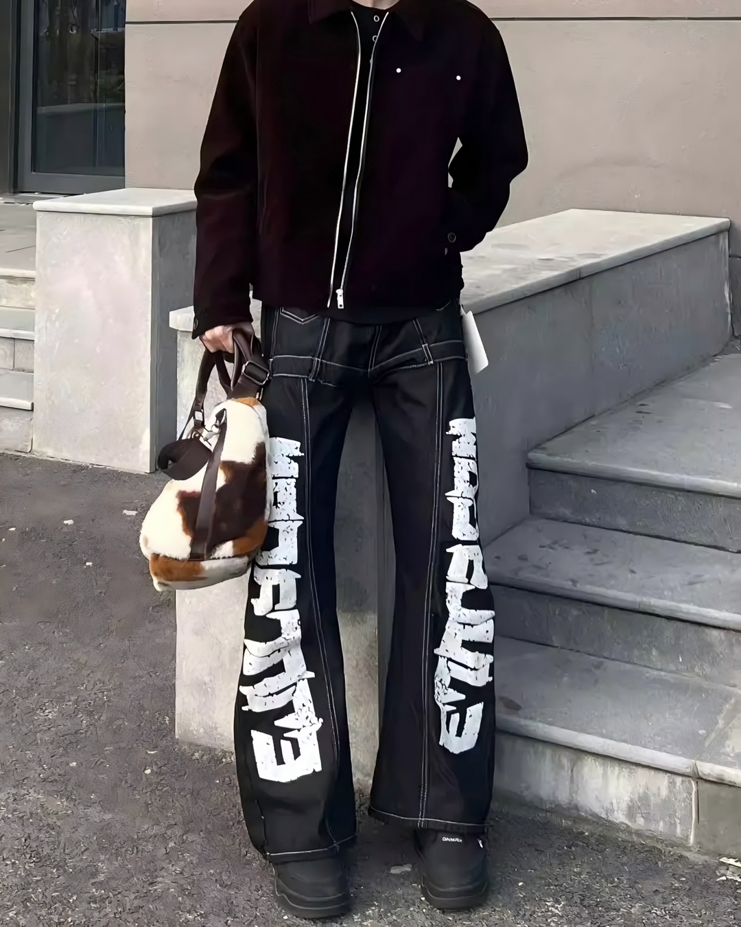 STEP BLOCK MT044 vintage black washed baggy jeans with side text embroidery