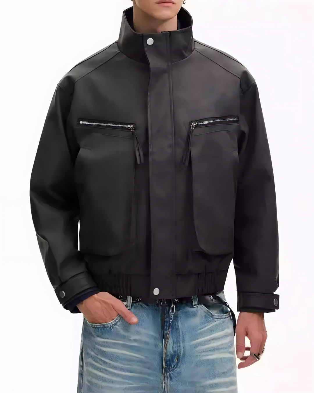 STEP BLOCK ST013 Washed Leather-Look Multi-Zipper Flight Jacket