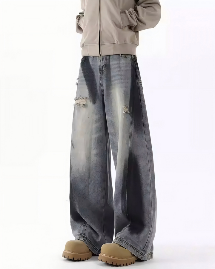 STEP BLOCK MT048 vintage washed distressed baggy jeans with patches
