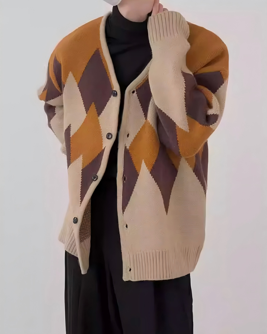 STEP BLOCK ST1000 Argyle Pattern Knit Cardigan