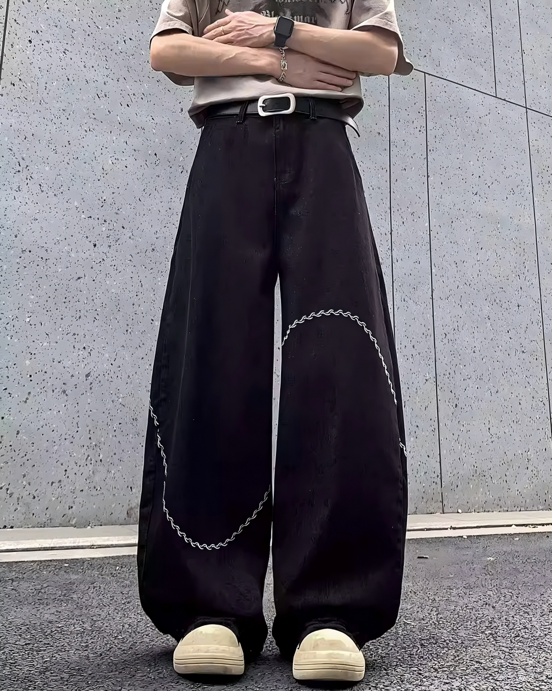 STEP BLOCK MT052 vintage washed black baggy jeans with white stitching