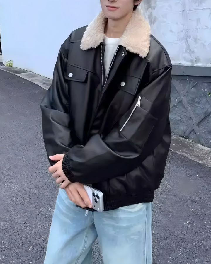 STEP BLOCK ST1018 Shearling Collar Leather Jacket