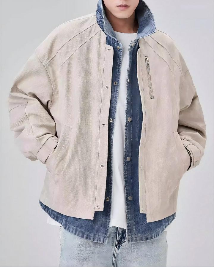 STEP BLOCK ST001 Denim Collar Washed Workwear Zip-Up Jacket