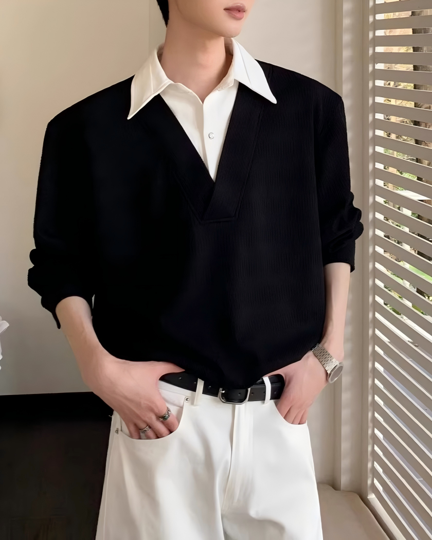 STEP BLOCK ST019 Faux Layered Collared V-Neck Oversized Knit Sweater