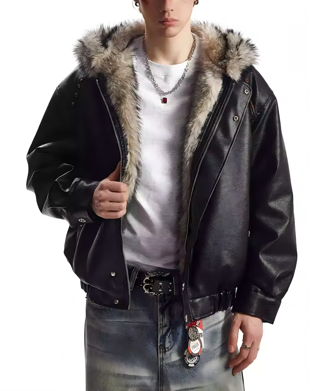 STEP BLOCK ST043 Cropped Shearling Collar Washed Faux Leather Bomber Jacket