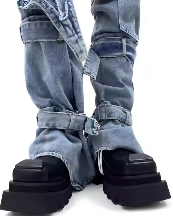 STEP BLOCK SH017 Men's Black Leather Square-Toe Chunky Platform Streetwear shoes