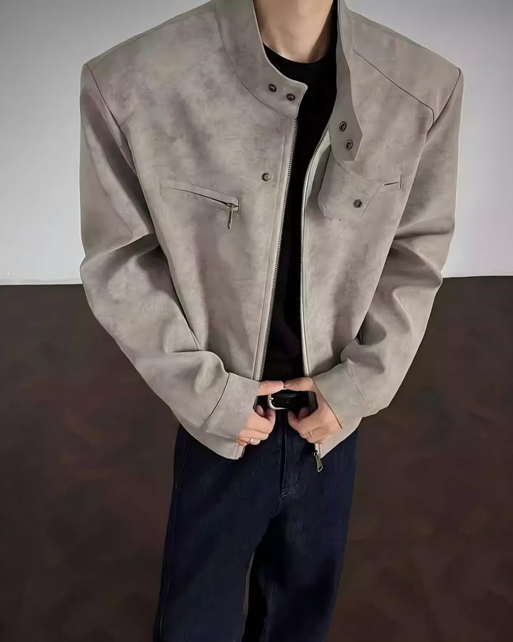 STEP BLOCK ST058 Washed Distressed Minimalist Stand Collar Workwear Jacket