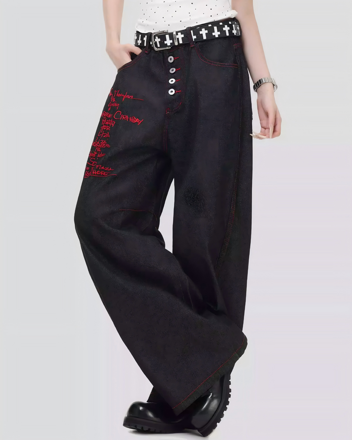 STEP BLOCK MT046 vintage black washed baggy jeans with red embroidery patches