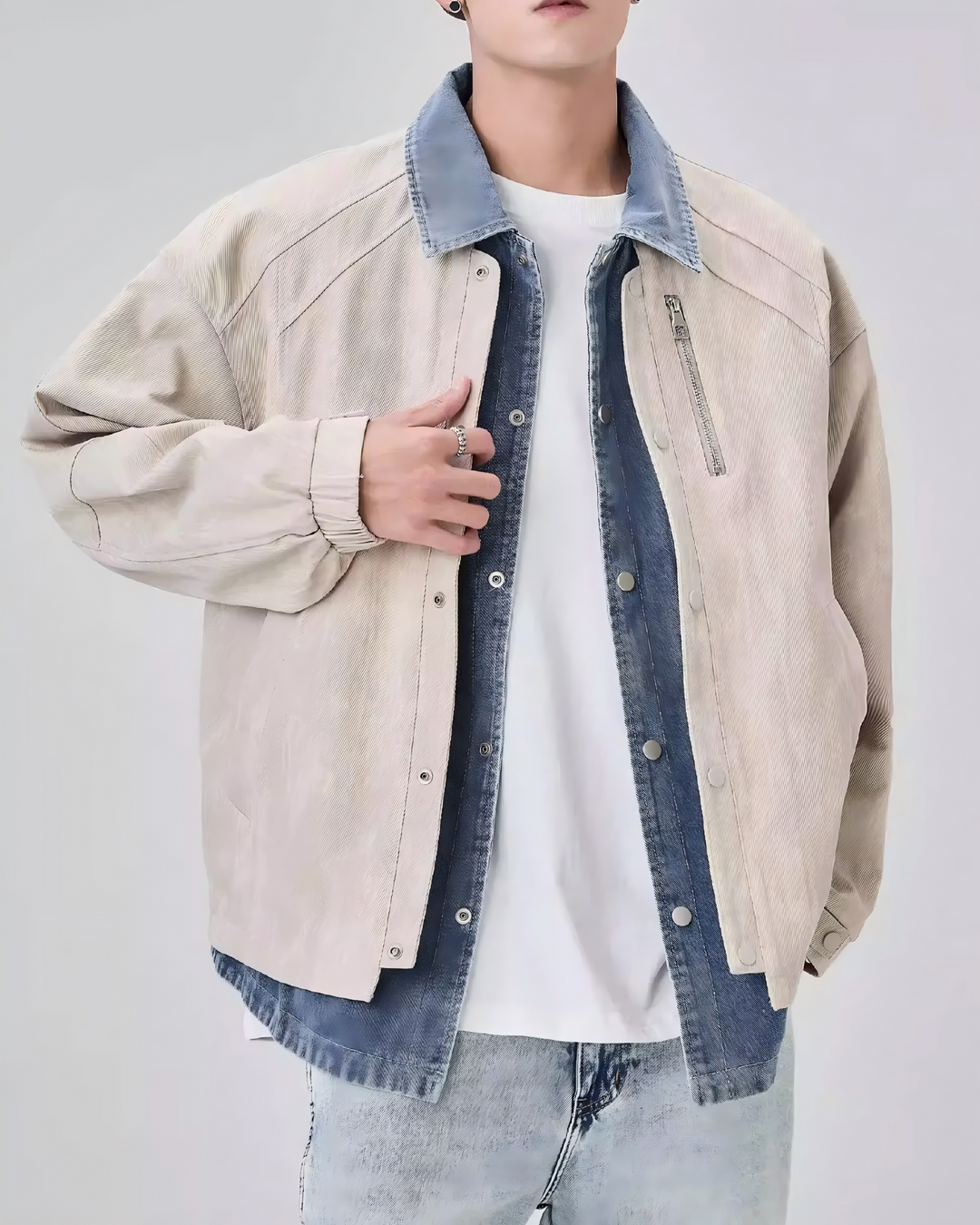STEP BLOCK ST001 Denim Collar Washed Workwear Zip-Up Jacket