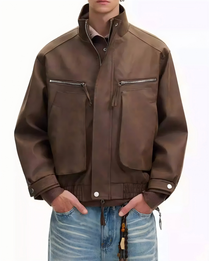 STEP BLOCK ST013 Washed Leather-Look Multi-Zipper Flight Jacket