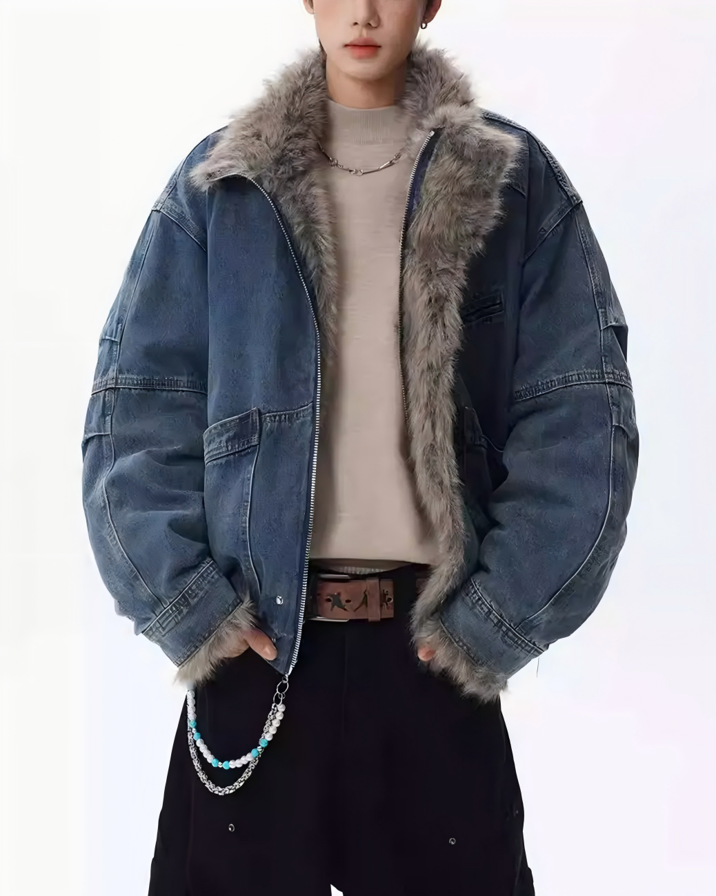 STEP BLOCK ST1019 Shearling Lined Denim Jacket