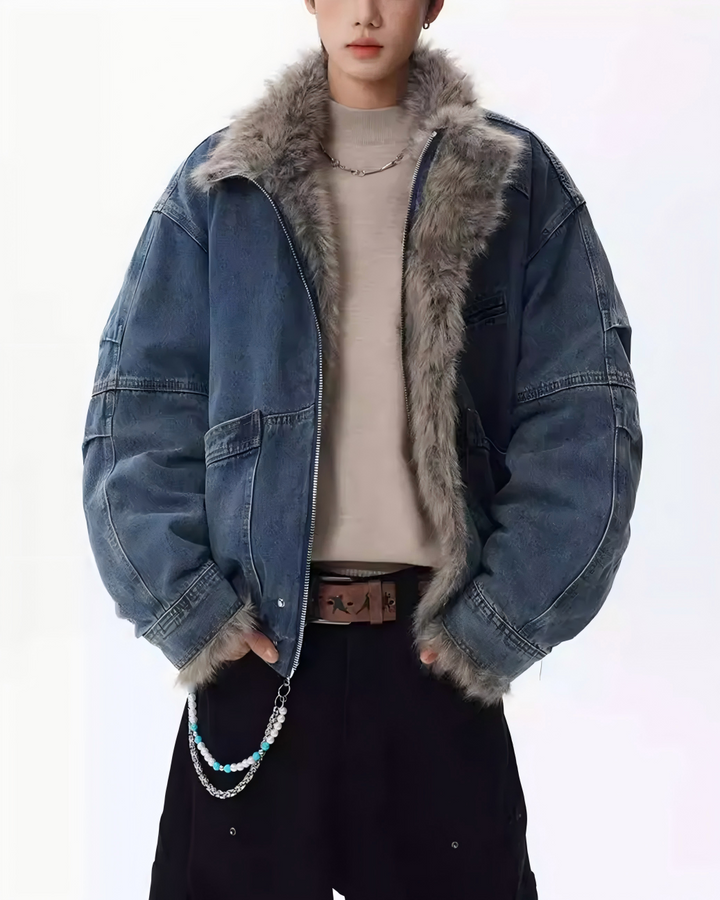 STEP BLOCK ST1019 Shearling Lined Denim Jacket