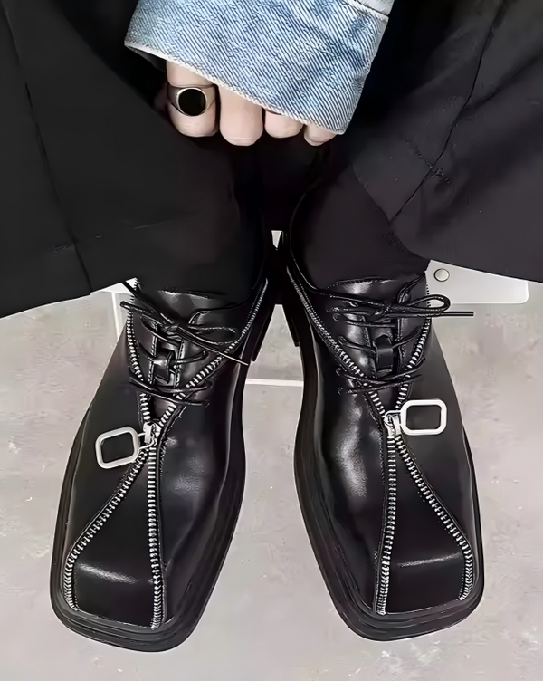 STEP BLOCK SH023 Men's Black Leather Gothic Square-Toe Chunky Heel Streetwear shoes