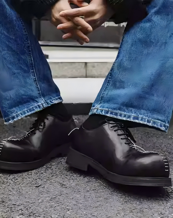 STEP BLOCK SH024 Men's Black Leather Gothic Chunky Heel Streetwear shoes