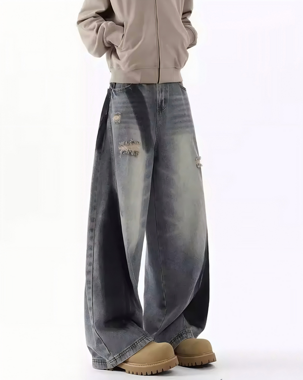 STEP BLOCK MT048 vintage washed distressed baggy jeans with patches