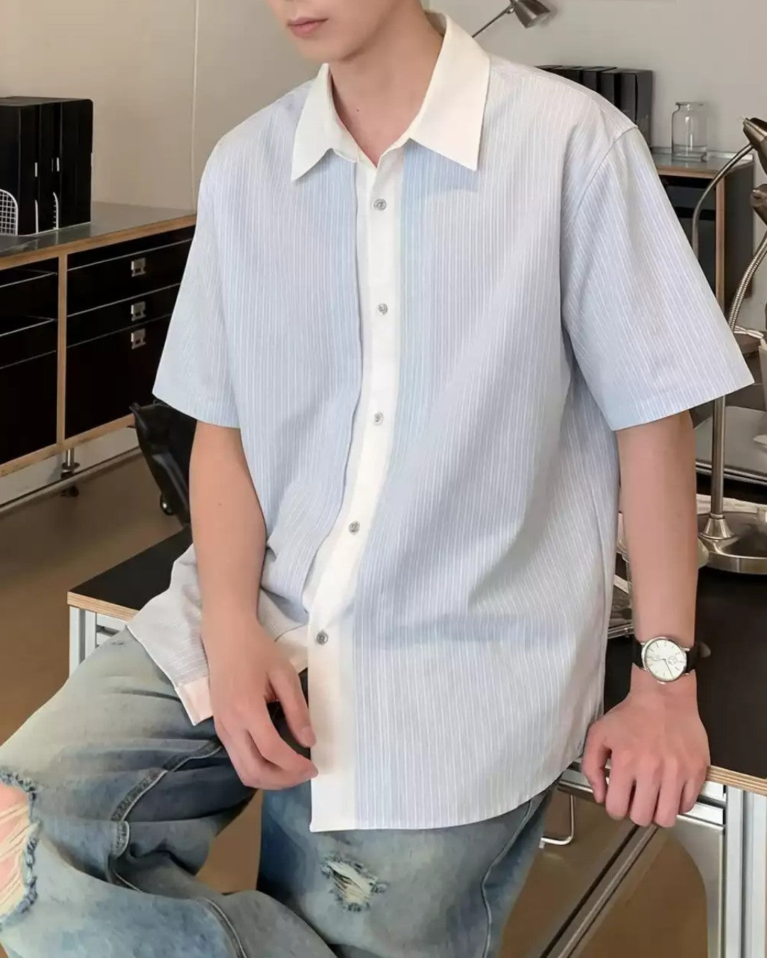 STEP BLOCK MT561 Contrast Collar Short Sleeve Button-Up Shirt