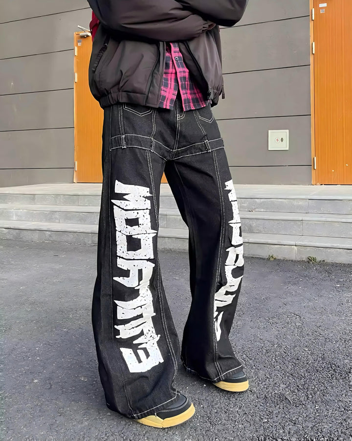STEP BLOCK MT044 vintage black washed baggy jeans with side text embroidery