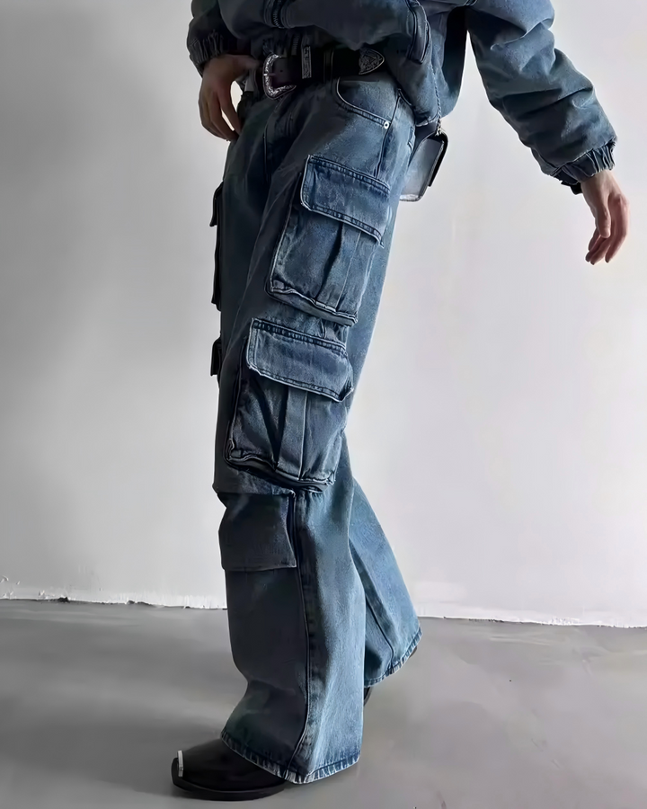 STEP BLOCK MT030 vintage washed multi-pocket baggy cargo jeans