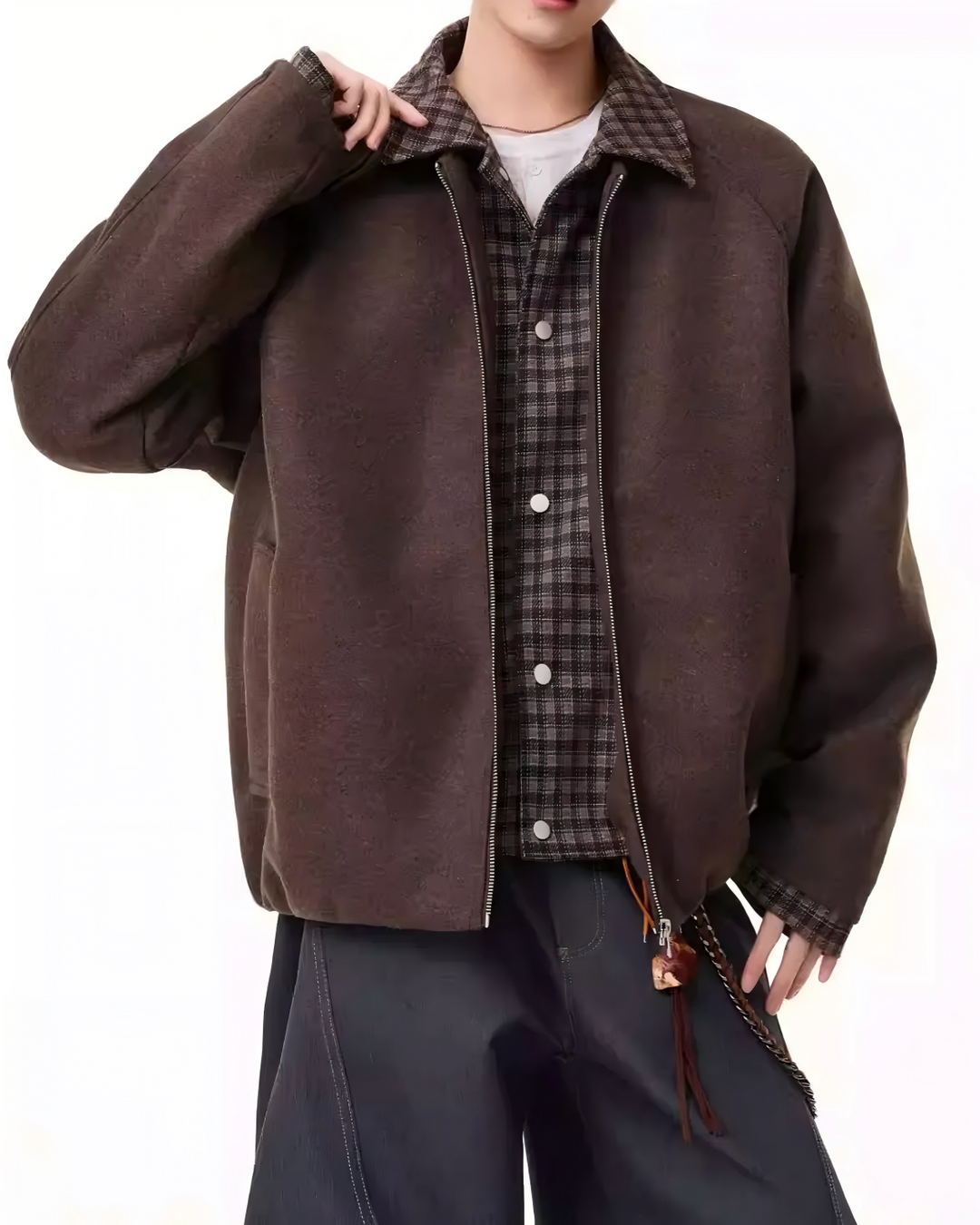 STEP BLOCK ST050 Plaid Contrast Lined Stand Collar Oversized Workwear Jacket