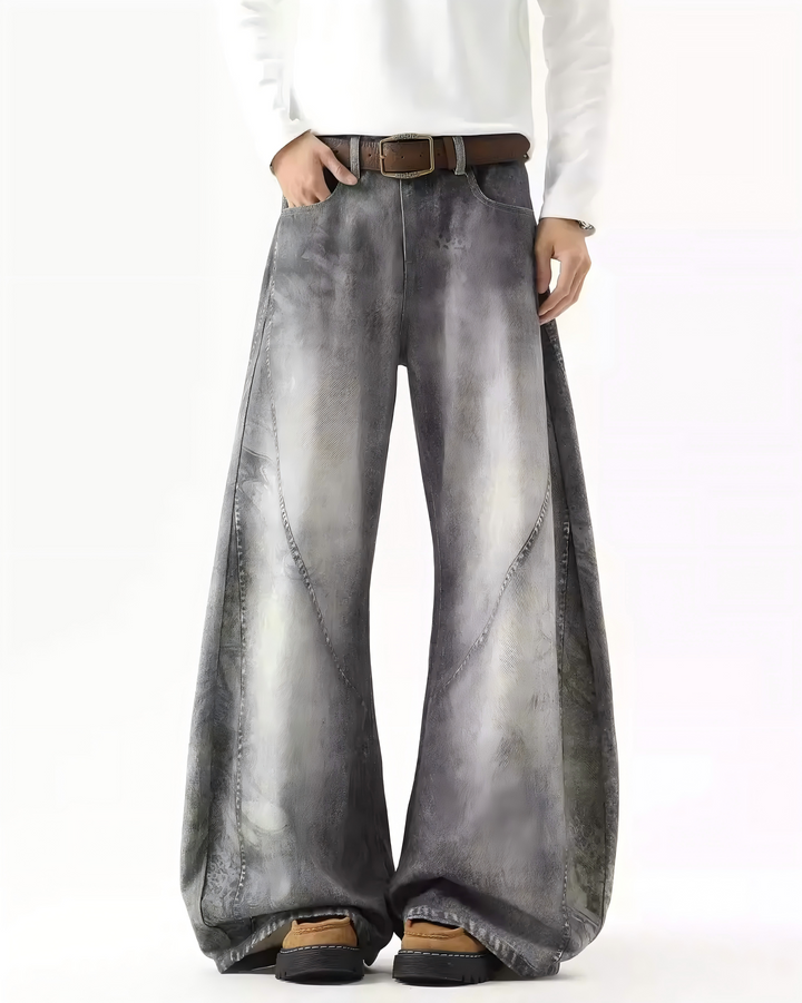 STEP BLOCK MT053 vintage washed grey baggy flare jeans