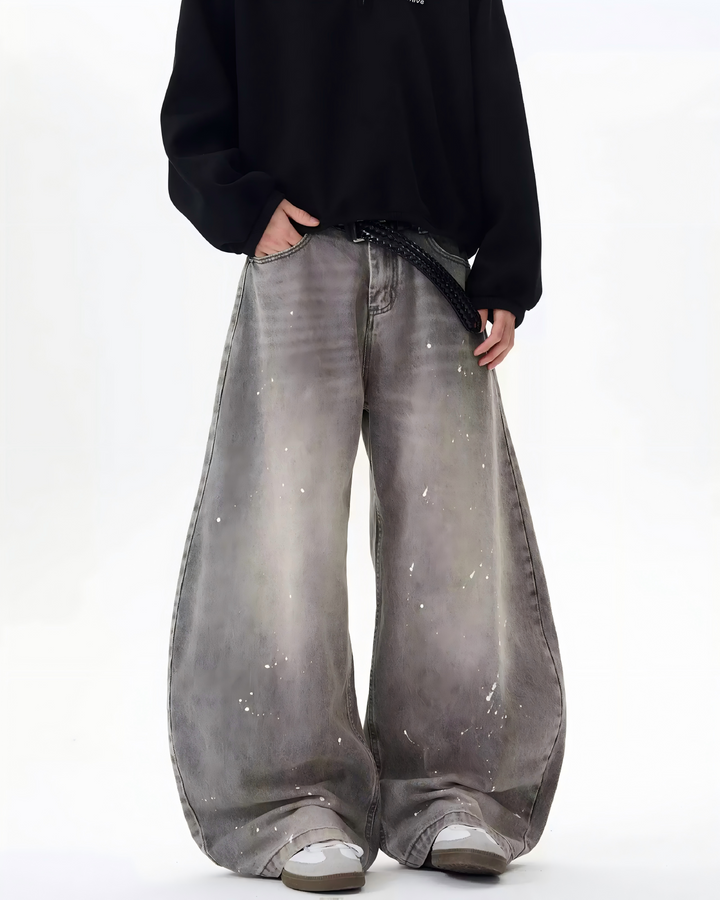 STEP BLOCK MT040 vintage washed grey distressed baggy jeans