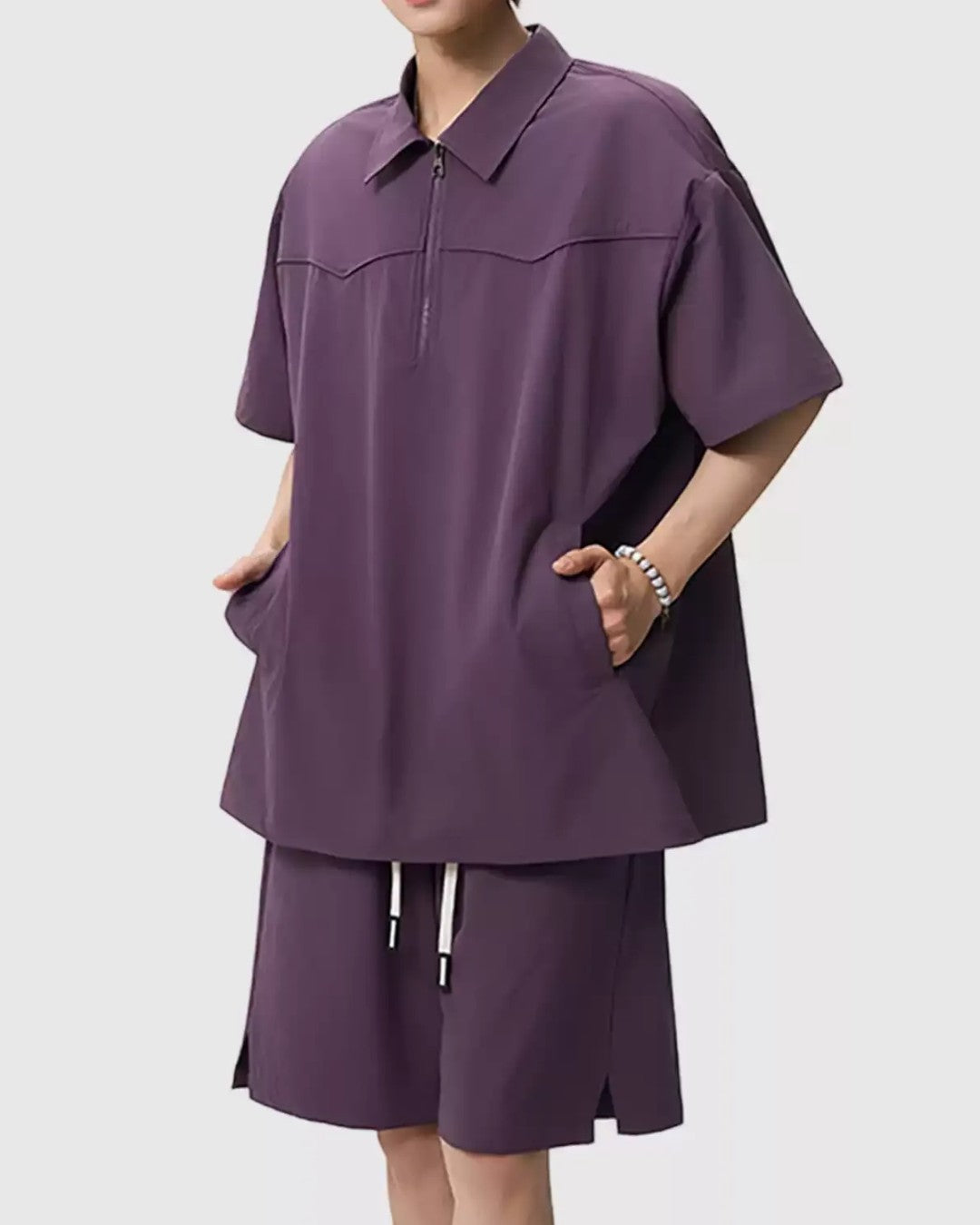 STEP BLOCK MT559 Ice Silk Zip Polo T-Shirt &amp; Shorts Set - Summer Tracksuit