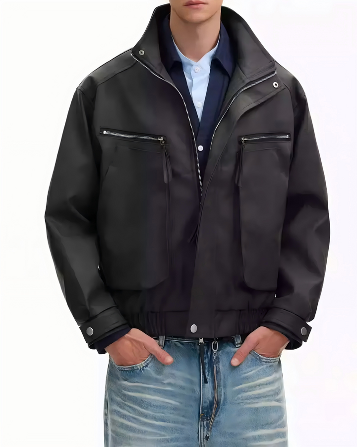 STEP BLOCK ST013 Washed Leather-Look Multi-Zipper Flight Jacket