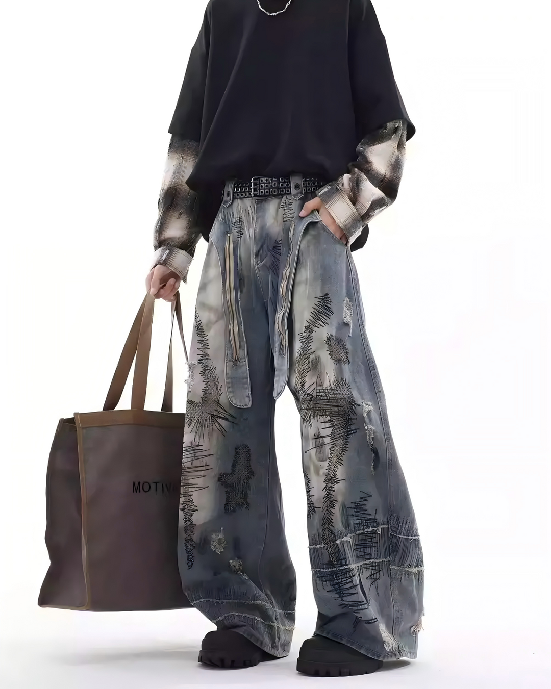 STEP BLOCK MT051 vintage washed distressed graffiti baggy jeans