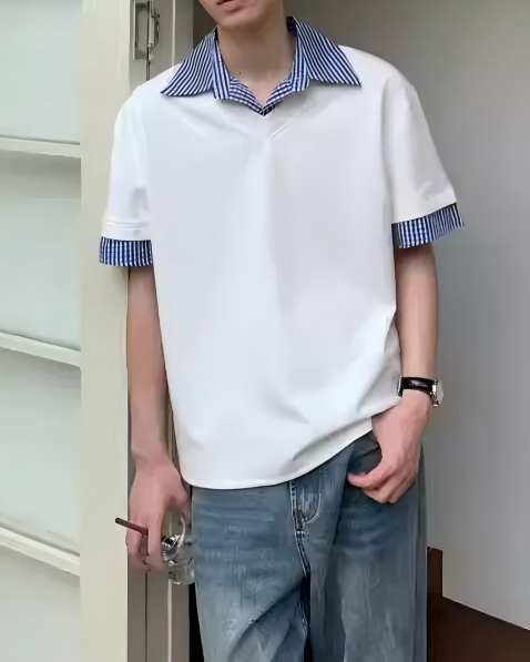 STEP BLOCK MT532 Layered Plaid Trim Short-Sleeve T-Shirt