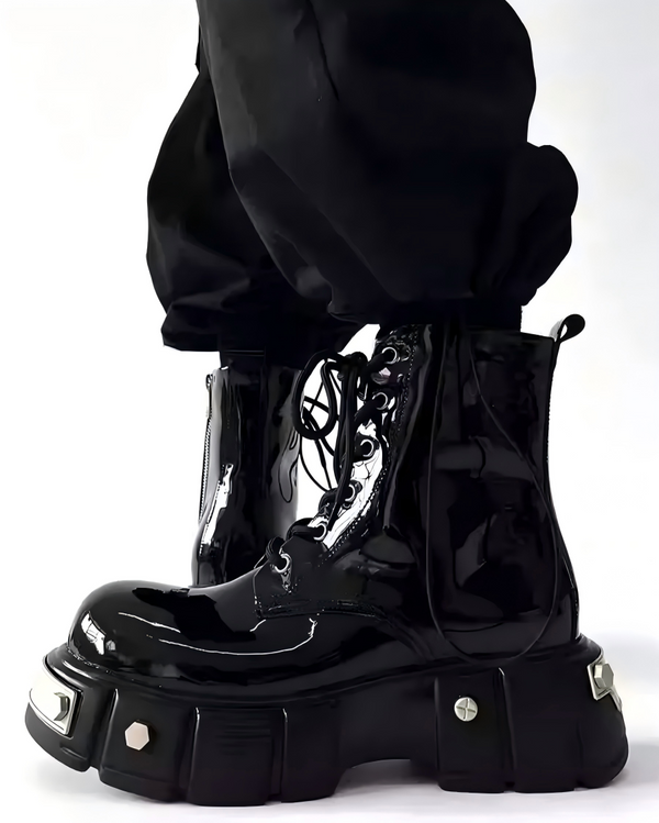 STEP BLOCK SH016 Men's Black Patent Leather Gothic Chunky Platform Streetwear shoes